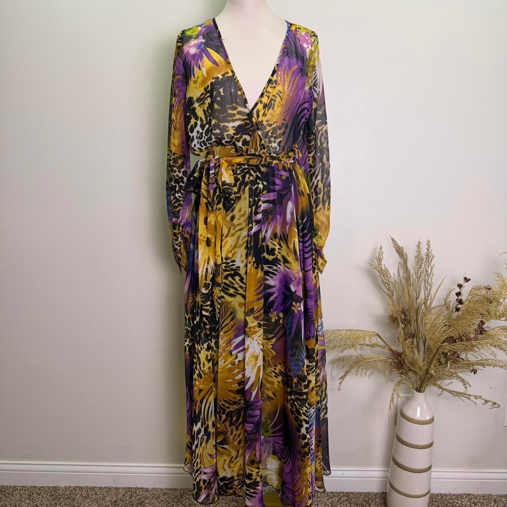 Spy Zone Exchange Size M Leopard Floral Sheer Chiffon Maxi Dress